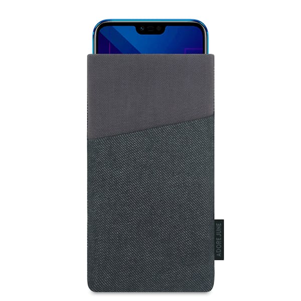 The picture shows the front of Clive Sleeve for Honor 10 in color Black / Grey; As an illustration, it also shows what the compatible device looks like in this bag