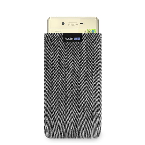 The picture shows the front of Business Sleeve for Sony Xperia X in color Grey / Black; As an illustration, it also shows what the compatible device looks like in this bag
