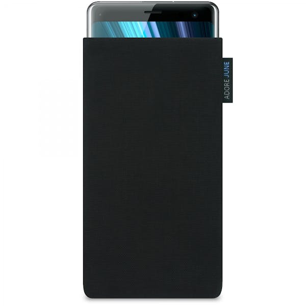 Das Bild zeigt die Vorderseite von Classic Tasche für Sony Xperia XZ3 in Farbe Schwarz; Zur Veranschaulichung wird ebenfalls dargestellt, wie das kompatible Gerät in dieser Tasche aussieht