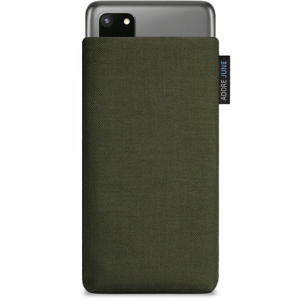 The picture shows the front of Classic Sleeve for Samsung Galaxy S20 Plus in color Olive-Green; As an illustration, it also shows what the compatible device looks like in this bag