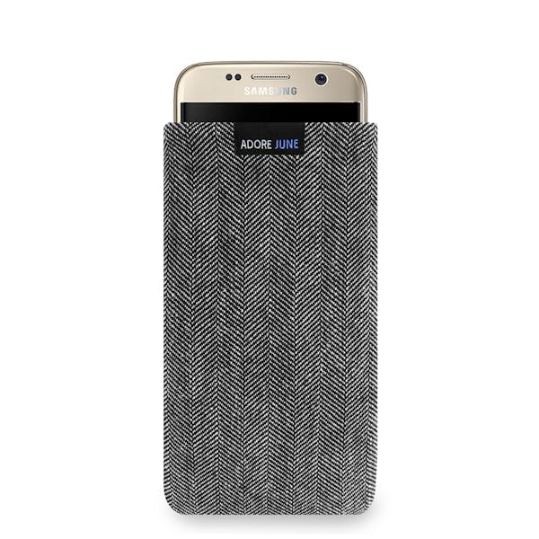 The picture shows the front of Business Sleeve for Samsung Galaxy S7 in color Grey / Black; As an illustration, it also shows what the compatible device looks like in this bag