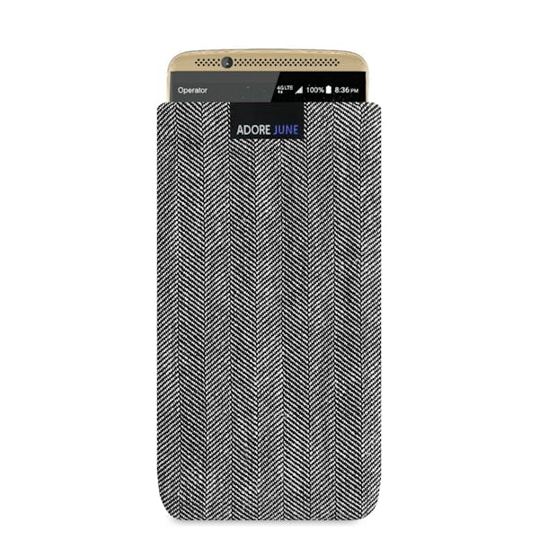 The picture shows the front of Business Sleeve for ZTE Axon 7 in color Grey / Black; As an illustration, it also shows what the compatible device looks like in this bag