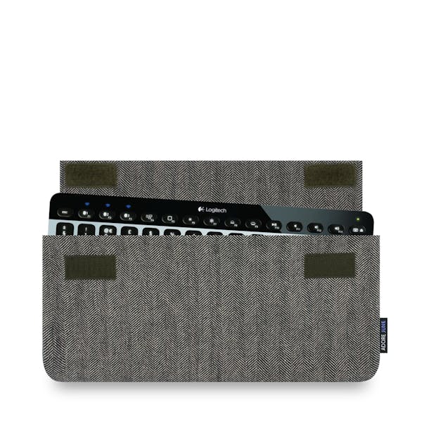 The picture shows the front of Keeb Business Sleeve for Logitech K810 and K811 in color Grey / Black; As an illustration, it also shows what the compatible device looks like in this bag
