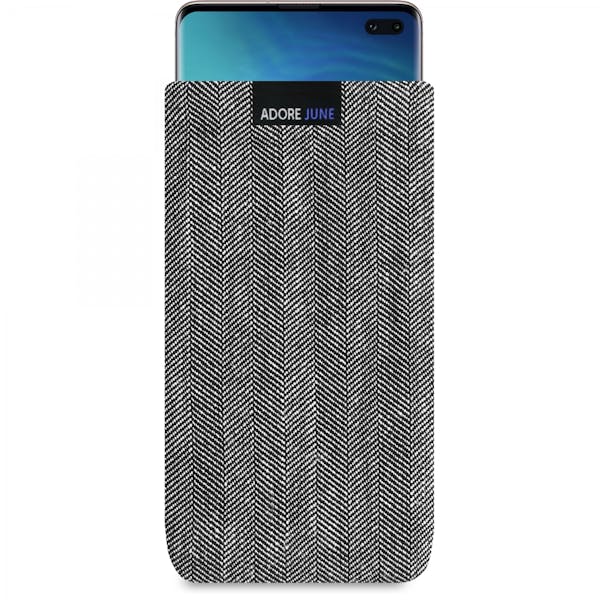 Das Bild zeigt die Vorderseite von Business Tasche für Samsung Galaxy S10 Plus in Farbe Grau / Schwarz; Zur Veranschaulichung wird ebenfalls dargestellt, wie das kompatible Gerät in dieser Tasche aussieht