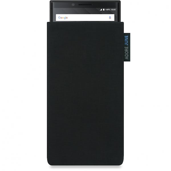 Das Bild zeigt die Vorderseite von Classic Tasche für BlackBerry Key2 und Key2 LE in Farbe Schwarz; Zur Veranschaulichung wird ebenfalls dargestellt, wie das kompatible Gerät in dieser Tasche aussieht