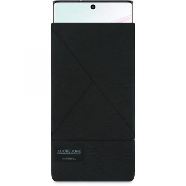 Das Bild zeigt die Vorderseite von Triangle Tasche für Samsung Galaxy Note 10 in Farbe Schwarz; Zur Veranschaulichung wird ebenfalls dargestellt, wie das kompatible Gerät in dieser Tasche aussieht