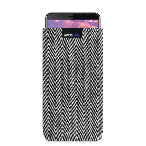 Das Bild zeigt die Vorderseite von Business Tasche für HTC U12 Plus in Farbe Grau / Schwarz; Zur Veranschaulichung wird ebenfalls dargestellt, wie das kompatible Gerät in dieser Tasche aussieht