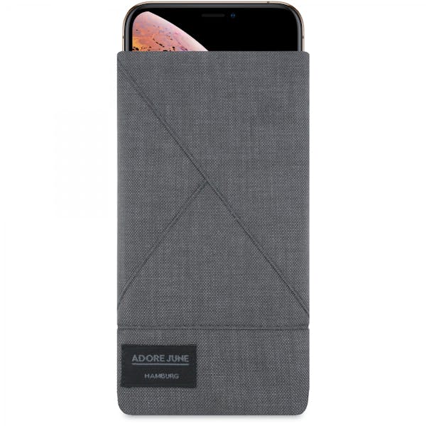 The picture shows the front of Triangle Sleeve for Apple iPhone X and iPhone XS in color Dark Grey; As an illustration, it also shows what the compatible device looks like in this bag
