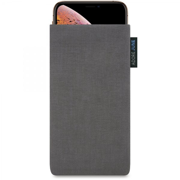 Das Bild zeigt die Vorderseite von Classic Tasche für Apple iPhone X und iPhone XS in Farbe Dunkelgrau; Zur Veranschaulichung wird ebenfalls dargestellt, wie das kompatible Gerät in dieser Tasche aussieht