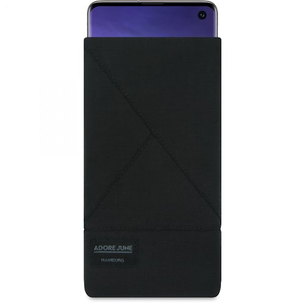 Das Bild zeigt die Vorderseite von Triangle Tasche für Samsung Galaxy S10 in Farbe Schwarz; Zur Veranschaulichung wird ebenfalls dargestellt, wie das kompatible Gerät in dieser Tasche aussieht