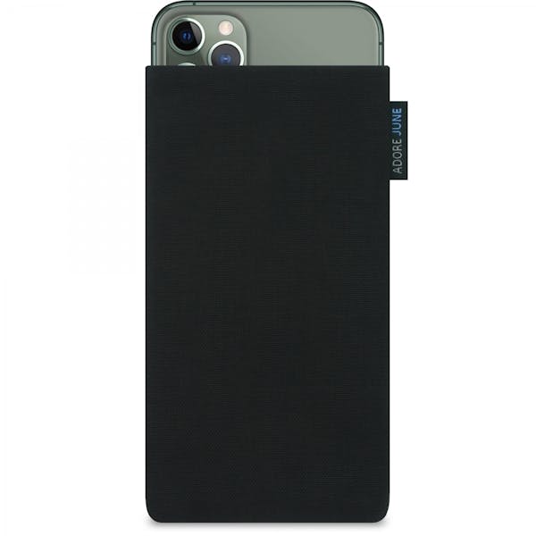 Das Bild zeigt die Vorderseite von Classic Tasche für Apple iPhone 11 Pro Max in Farbe Schwarz; Zur Veranschaulichung wird ebenfalls dargestellt, wie das kompatible Gerät in dieser Tasche aussieht