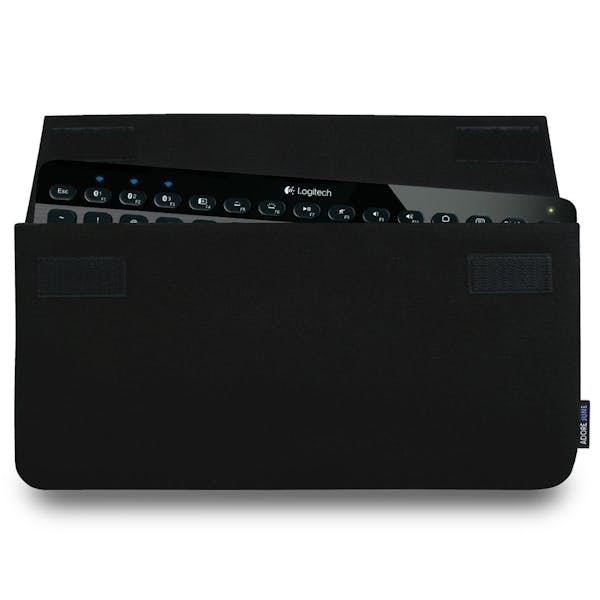The picture shows the front of Keeb Sleeve for Logitech K810 and K811 in color Black; As an illustration, it also shows what the compatible device looks like in this bag