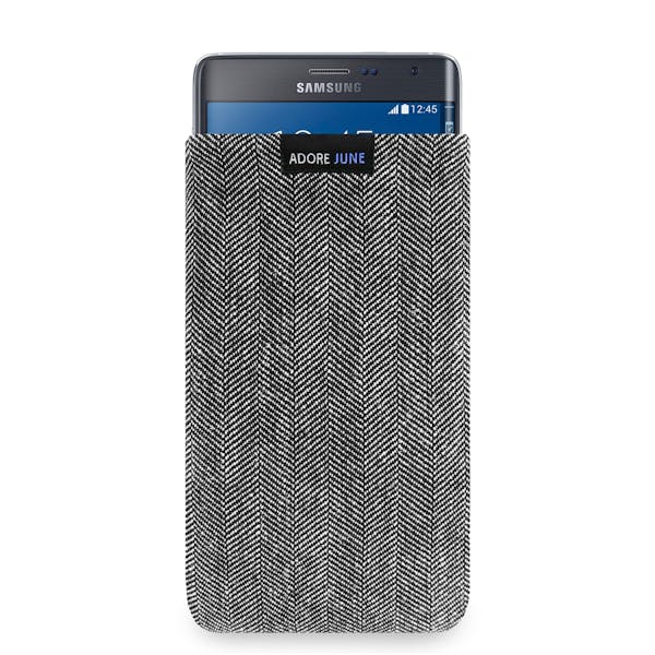 Das Bild zeigt die Vorderseite von Business Tasche für Samsung Galaxy Note Edge in Farbe Grau / Schwarz; Zur Veranschaulichung wird ebenfalls dargestellt, wie das kompatible Gerät in dieser Tasche aussieht