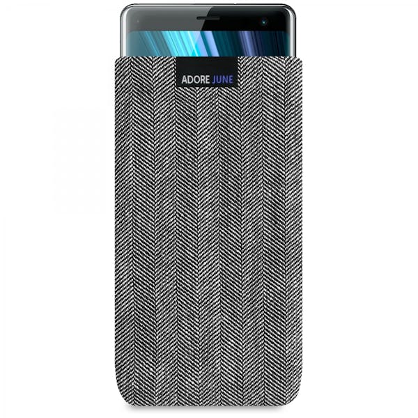 The picture shows the front of Business Sleeve for Sony Xperia XZ3 in color Grey / Black; As an illustration, it also shows what the compatible device looks like in this bag