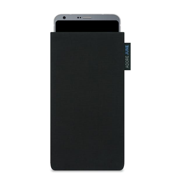 The picture shows the front of Classic Sleeve for LG G6 in color Black; As an illustration, it also shows what the compatible device looks like in this bag