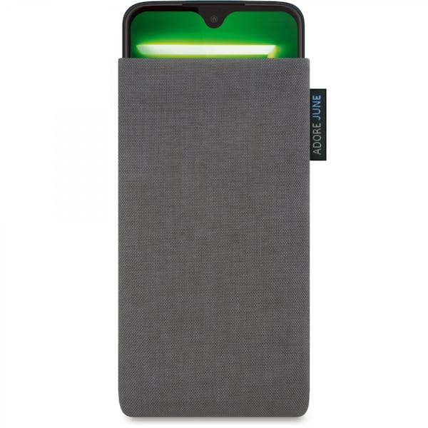 The picture shows the front of Classic Sleeve for Motorola Moto G7 and Moto G7 Plus in color Dark Grey; As an illustration, it also shows what the compatible device looks like in this bag