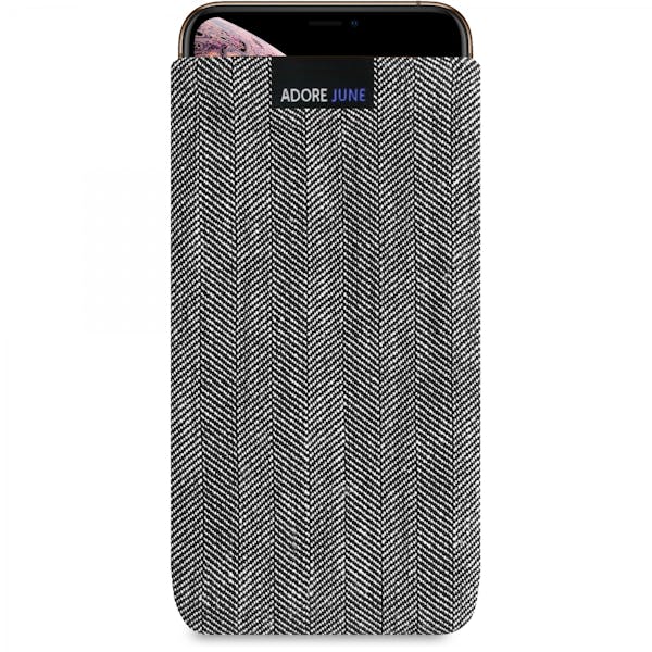 The picture shows the front of Business Sleeve for Apple iPhone Xs Max in color Grey / Black; As an illustration, it also shows what the compatible device looks like in this bag