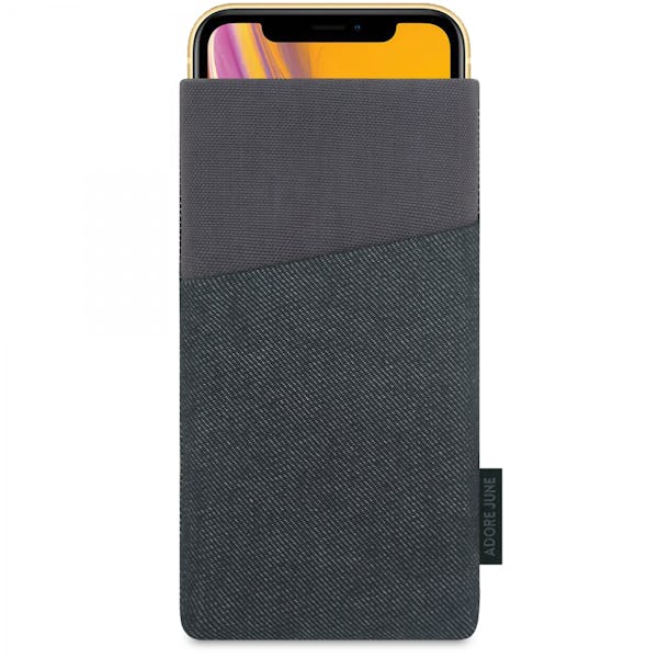 Das Bild zeigt die Vorderseite von Clive Tasche für Apple iPhone XR in Farbe Schwarz / Grau; Zur Veranschaulichung wird ebenfalls dargestellt, wie das kompatible Gerät in dieser Tasche aussieht