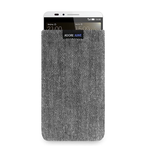 The picture shows the front of Business Sleeve for Huawei Ascend Mate 7 in color Grey / Black; As an illustration, it also shows what the compatible device looks like in this bag