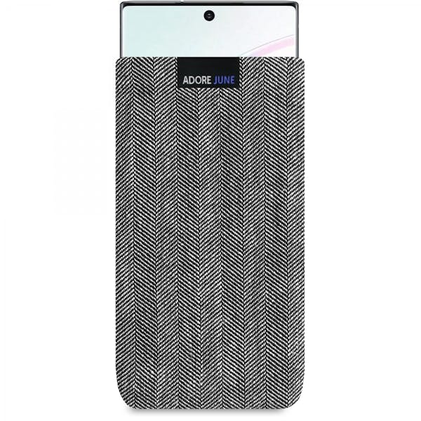 Das Bild zeigt die Vorderseite von Business Tasche für Samsung Galaxy Note 10 in Farbe Grau / Schwarz; Zur Veranschaulichung wird ebenfalls dargestellt, wie das kompatible Gerät in dieser Tasche aussieht