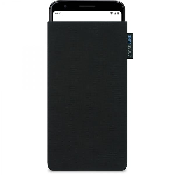 Das Bild zeigt die Vorderseite von Classic Tasche für Google Pixel 3a XL in Farbe Schwarz; Zur Veranschaulichung wird ebenfalls dargestellt, wie das kompatible Gerät in dieser Tasche aussieht
