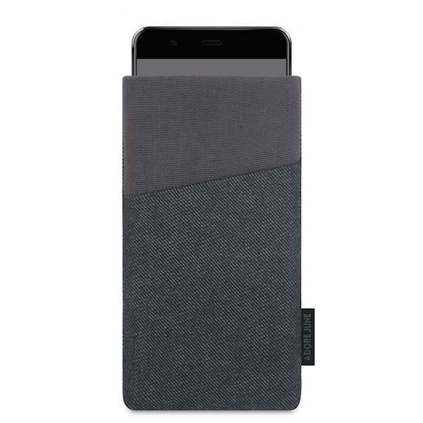 Das Bild zeigt die Vorderseite von Clive Tasche für Huawei P10 Plus in Farbe Schwarz / Grau; Zur Veranschaulichung wird ebenfalls dargestellt, wie das kompatible Gerät in dieser Tasche aussieht