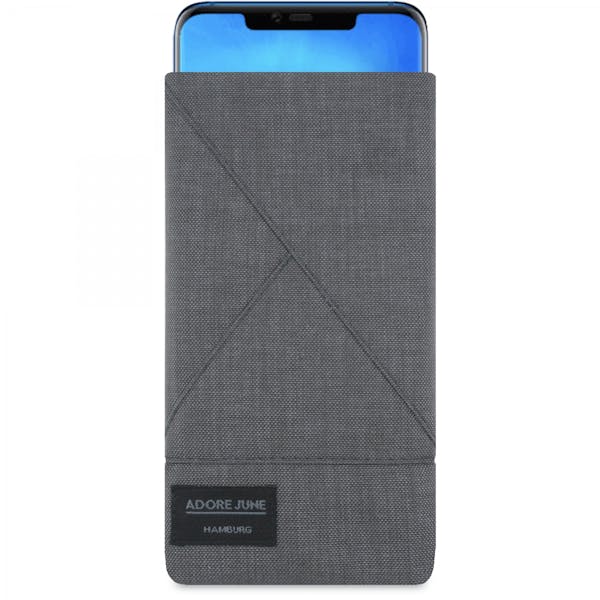 The picture shows the front of Triangle Sleeve for Huawei Mate 20 Pro in color Dark Grey; As an illustration, it also shows what the compatible device looks like in this bag