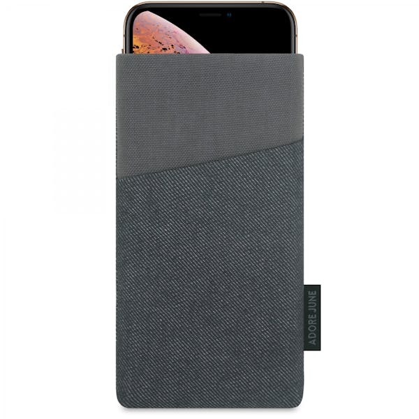 The picture shows the front of Clive Sleeve for Apple iPhone X and iPhone XS in color Black / Grey; As an illustration, it also shows what the compatible device looks like in this bag