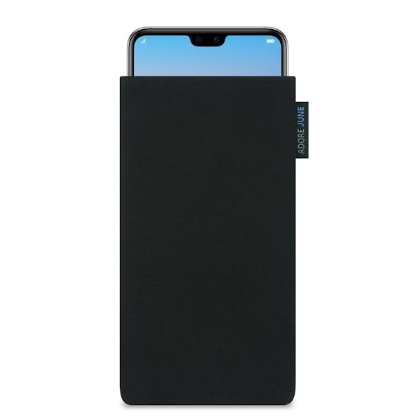 The picture shows the front of Classic Sleeve for Huawei P20 PRO in color Black; As an illustration, it also shows what the compatible device looks like in this bag