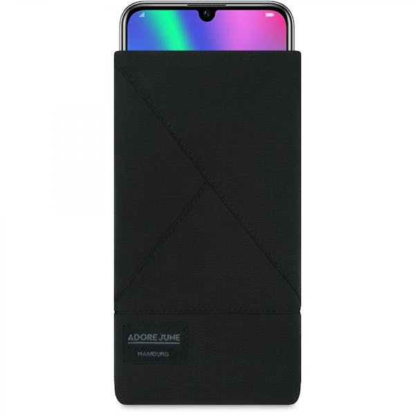 The picture shows the front of Triangle Sleeve for Honor 20 Honor 20 Pro and Honor 10 LITE in color Black; As an illustration, it also shows what the compatible device looks like in this bag