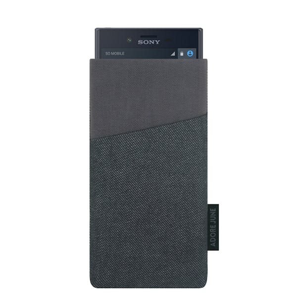 The picture shows the front of Clive Sleeve for Sony Xperia X Compact in color Black / Grey; As an illustration, it also shows what the compatible device looks like in this bag