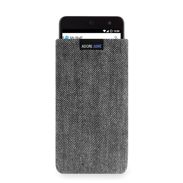 The picture shows the front of Business Sleeve for Wileyfox Swift in color Grey / Black; As an illustration, it also shows what the compatible device looks like in this bag