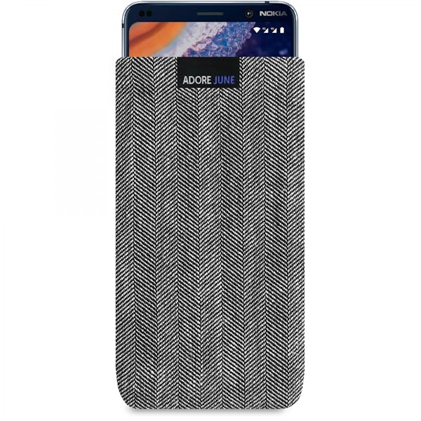 The picture shows the front of Business Sleeve for Nokia 9 Pureview in color Grey / Black; As an illustration, it also shows what the compatible device looks like in this bag