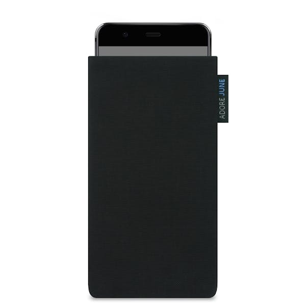 Das Bild zeigt die Vorderseite von Classic Tasche für Huawei P10 in Farbe Schwarz; Zur Veranschaulichung wird ebenfalls dargestellt, wie das kompatible Gerät in dieser Tasche aussieht