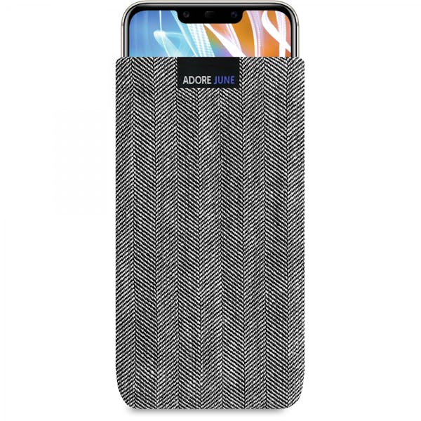 Das Bild zeigt die Vorderseite von Business Tasche für Huawei Mate 20 LITE in Farbe Grau / Schwarz; Zur Veranschaulichung wird ebenfalls dargestellt, wie das kompatible Gerät in dieser Tasche aussieht