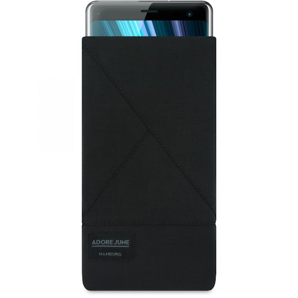 The picture shows the front of Triangle Sleeve for Sony Xperia XZ3 in color Black; As an illustration, it also shows what the compatible device looks like in this bag