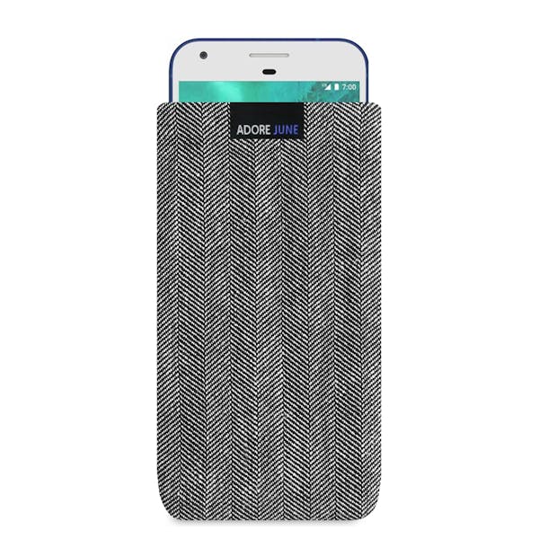 The picture shows the front of Business Sleeve for Google Pixel XL in color Grey / Black; As an illustration, it also shows what the compatible device looks like in this bag