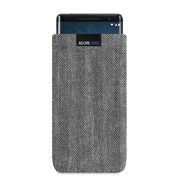 The picture shows the front of Business Sleeve for Nokia 8 Sirocco in color Grey / Black; As an illustration, it also shows what the compatible device looks like in this bag