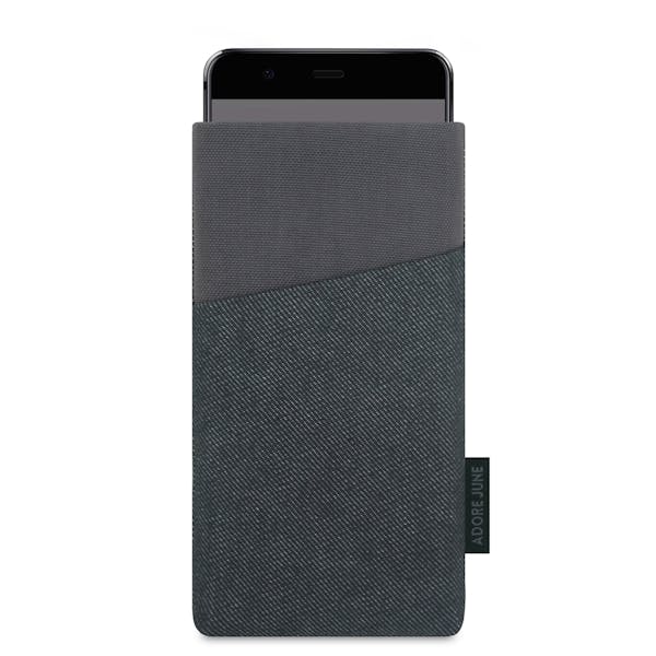 Das Bild zeigt die Vorderseite von Clive Tasche für Huawei P10 in Farbe Grau / Schwarz; Zur Veranschaulichung wird ebenfalls dargestellt, wie das kompatible Gerät in dieser Tasche aussieht