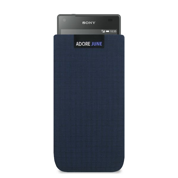 The picture shows the front of Business II Sleeve for Sony Xperia X Compact in color Blue / Black; As an illustration, it also shows what the compatible device looks like in this bag