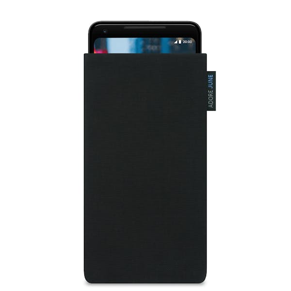 Das Bild zeigt die Vorderseite von Classic Tasche für Google Pixel 2 XL und 3 XL in Farbe Schwarz; Zur Veranschaulichung wird ebenfalls dargestellt, wie das kompatible Gerät in dieser Tasche aussieht