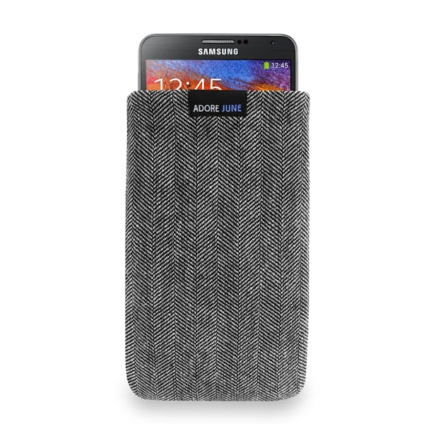 Das Bild zeigt die Vorderseite von Business Tasche für Samsung Galaxy Note 2 und Note 3 in Farbe Grau / Schwarz; Zur Veranschaulichung wird ebenfalls dargestellt, wie das kompatible Gerät in dieser Tasche aussieht