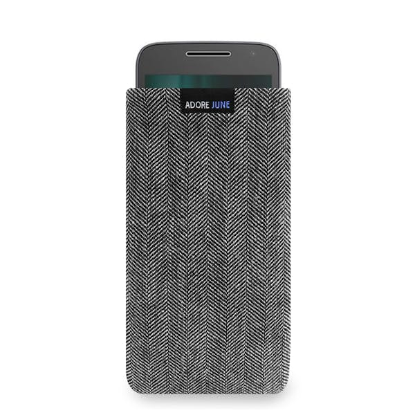 The picture shows the front of Business Sleeve for Motorola Moto G5 and Moto G4 Play in color Grey / Black; As an illustration, it also shows what the compatible device looks like in this bag