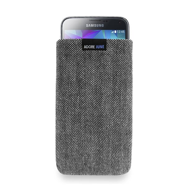 Das Bild zeigt die Vorderseite von Business Tasche für Samsung Galaxy S5 in Farbe Grau / Schwarz; Zur Veranschaulichung wird ebenfalls dargestellt, wie das kompatible Gerät in dieser Tasche aussieht