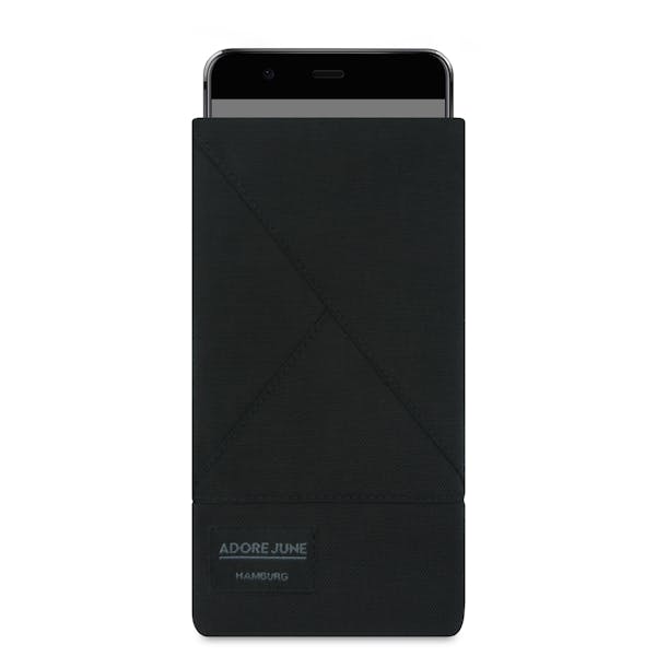 Das Bild zeigt die Vorderseite von Triangle Tasche für Huawei P10 in Farbe Schwarz; Zur Veranschaulichung wird ebenfalls dargestellt, wie das kompatible Gerät in dieser Tasche aussieht