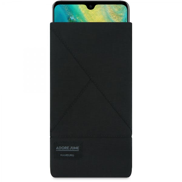 Das Bild zeigt die Vorderseite von Triangle Tasche für Huawei Mate 20 in Farbe Schwarz; Zur Veranschaulichung wird ebenfalls dargestellt, wie das kompatible Gerät in dieser Tasche aussieht