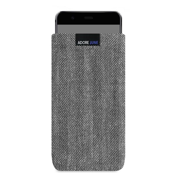 Das Bild zeigt die Vorderseite von Business Tasche für Huawei P10 Plus in Farbe Grau / Schwarz; Zur Veranschaulichung wird ebenfalls dargestellt, wie das kompatible Gerät in dieser Tasche aussieht