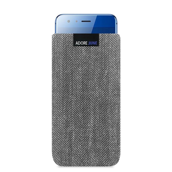 The picture shows the front of Business Sleeve for Honor 9 in color Grey / Black; As an illustration, it also shows what the compatible device looks like in this bag