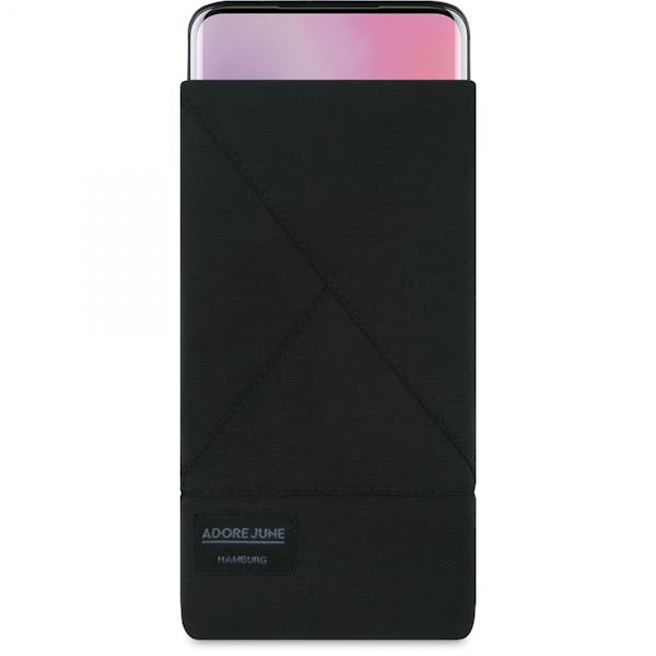 Das Bild zeigt die Vorderseite von Triangle Tasche für OnePlus 7 Pro und OnePlus 7T Pro in Farbe Schwarz; Zur Veranschaulichung wird ebenfalls dargestellt, wie das kompatible Gerät in dieser Tasche aussieht