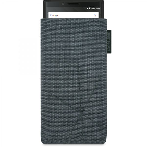 The picture shows the front of Axis Sleeve for BlackBerry Key2 and Key2 LE in color Dark Grey; As an illustration, it also shows what the compatible device looks like in this bag